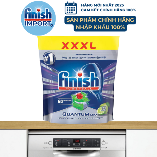 Túi 60 viên Finish Quantum Max mới, 14 tính năng, hương Lime & Táo, dành cho máy rửa chén 10-13 bộ
